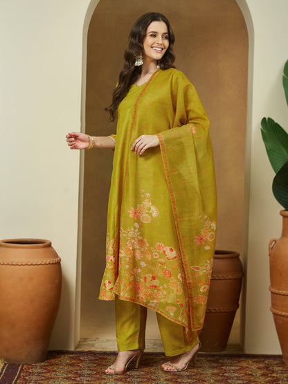 Janasya Women's Mustard Cotton Blend Floral Printed Anarkali Kurta Set