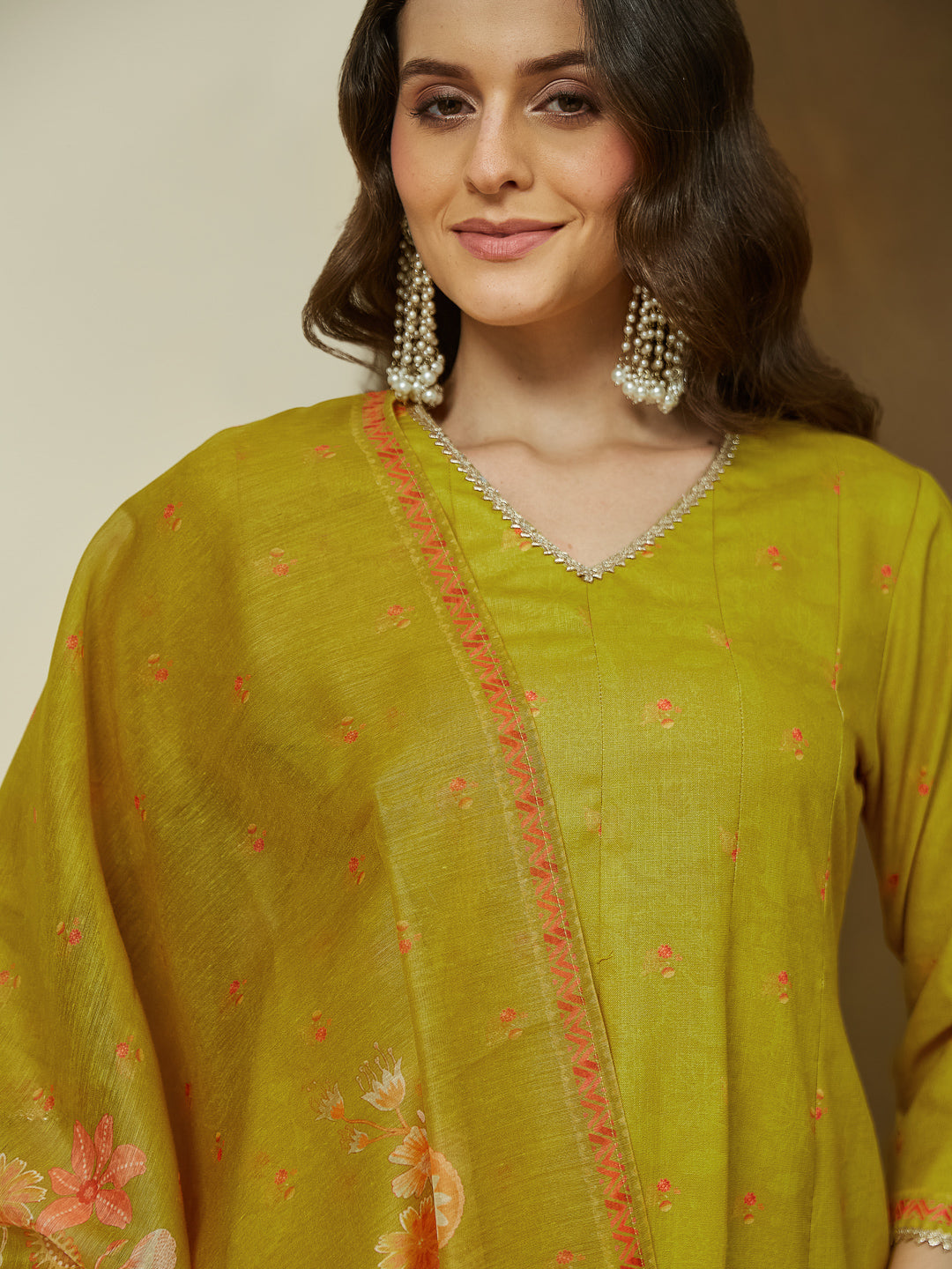 Janasya Women's Mustard Cotton Blend Floral Printed Anarkali Kurta Set