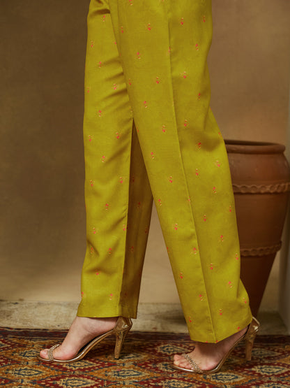 Janasya Women's Mustard Cotton Blend Floral Printed Anarkali Kurta Set