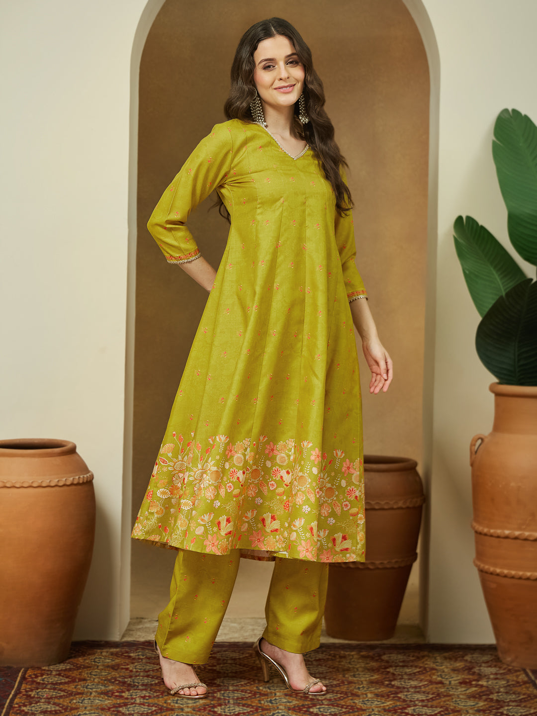 Janasya Women's Mustard Cotton Blend Floral Printed Anarkali Kurta Set