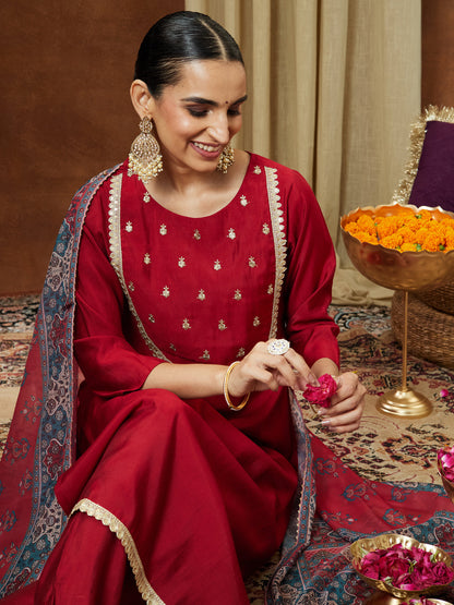 Janasya Women's Maroon Chanderi Silk Yoke Embroidered Straight Kurta Set