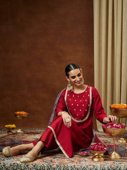 Janasya Women's Maroon Chanderi Silk Yoke Embroidered Straight Kurta Set