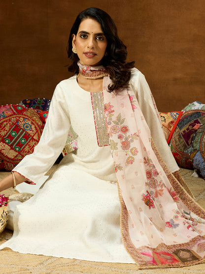 Janasya Women's Off White Silk Blend Embellished Straight Kurta Set