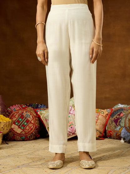 Janasya Women's Off White Silk Blend Embellished Straight Kurta Set