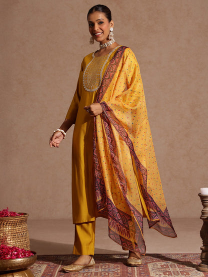 Janasya Women's Yellow Chanderi Silk Yoke Embroidered Straight Kurta Set