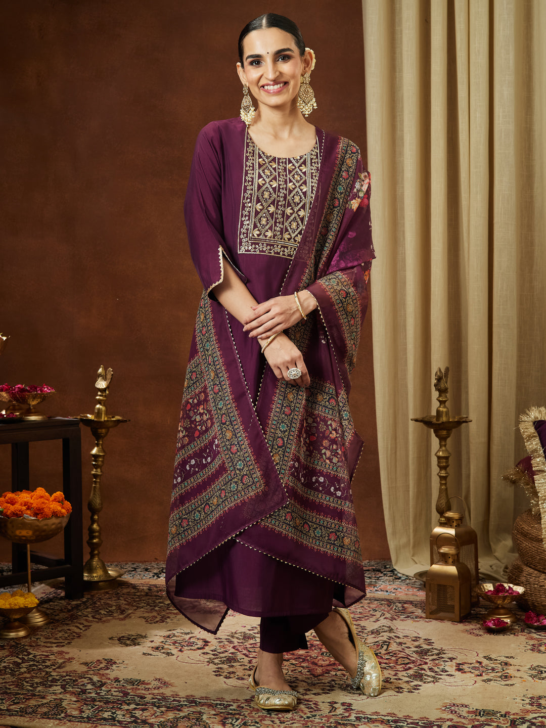 Janasya Women's Wine Chanderi Silk Yoke Embroidered Straight Kurta Set