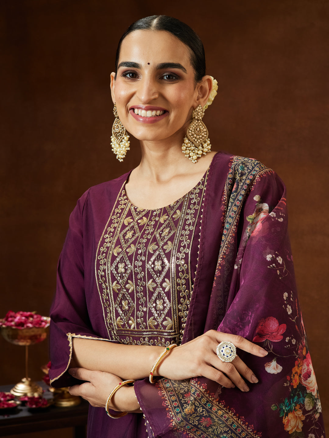 Janasya Women's Wine Chanderi Silk Yoke Embroidered Straight Kurta Set