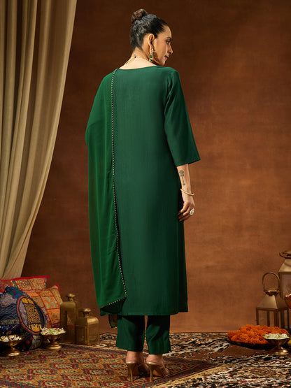 Janasya Women's Bottle Green Silk Blend Yoke Embroidered Straight Kurta Set