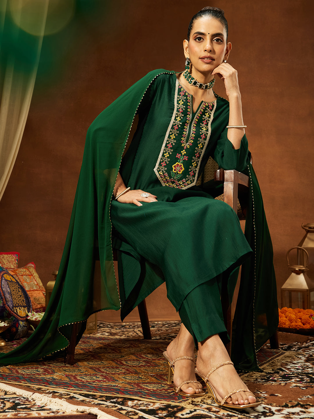 Janasya Women's Bottle Green Silk Blend Yoke Embroidered Straight Kurta Set