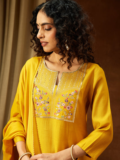 Janasya Women's Mustard Silk Blend Yoke Embroidered Straight Kurta Set