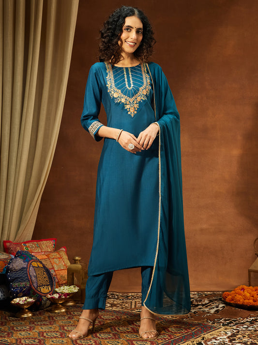 Janasya Women's Teal Blue Silk Blend Yoke Embroidered Straight Kurta Set