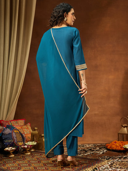 Janasya Women's Teal Blue Silk Blend Yoke Embroidered Straight Kurta Set