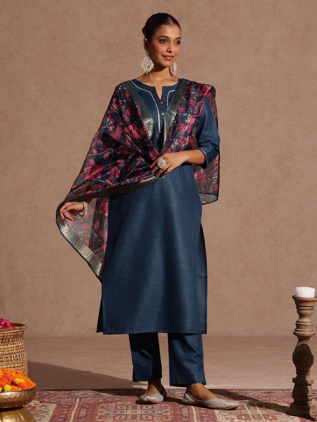 Janasya Women's Teal Blue Cotton Blend Yoke Design Straight Kurta Set With Printed Dupatta