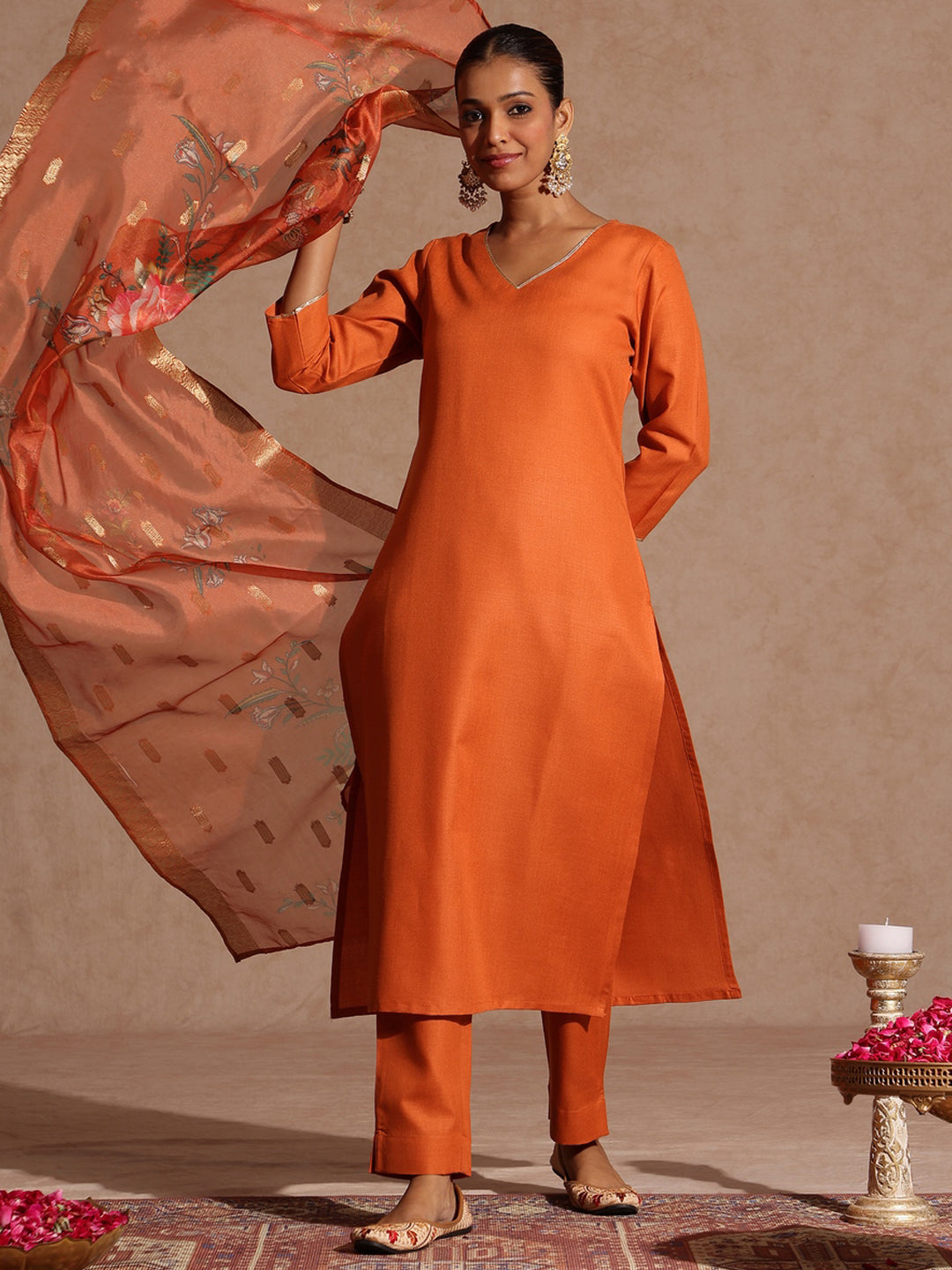 Janasya Women's Orange Cotton Blend Yoke Design Straight Kurta Set With Printed Dupatta