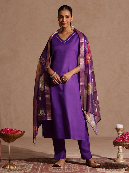 Janasya Women's Purple Cotton Blend Yoke Design Straight Kurta Set With Printed Jacquard Dupatta