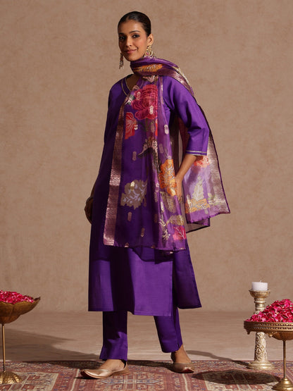 Janasya Women's Purple Cotton Blend Yoke Design Straight Kurta Set With Printed Jacquard Dupatta