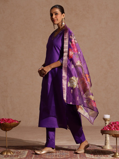 Janasya Women's Purple Cotton Blend Yoke Design Straight Kurta Set With Printed Jacquard Dupatta
