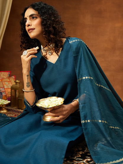 Janasya Women's Teal Blue Cotton Blend Yoke Design Straight Kurta Set