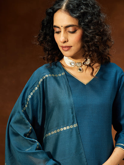 Janasya Women's Teal Blue Cotton Blend Yoke Design Straight Kurta Set