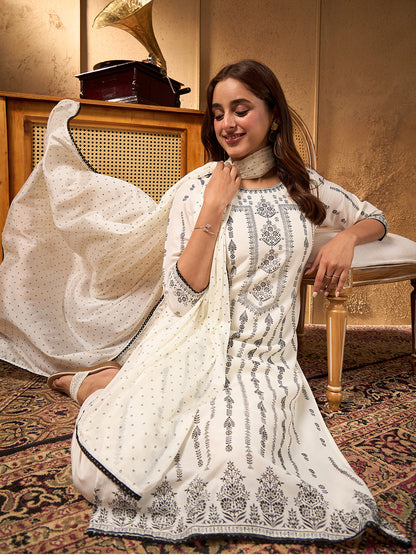 Janasya Women's White Silk Blend Ethnic Printed Straight Kurta Set