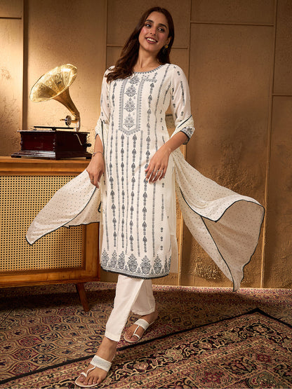 Janasya Women's White Silk Blend Ethnic Printed Straight Kurta Set