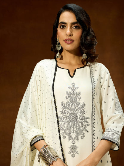 Janasya Women's White Silk Blend Ethnic Printed Straight Kurta Set
