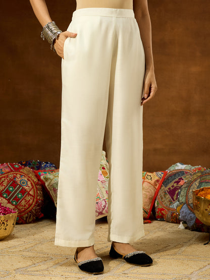 Janasya Women's White Silk Blend Ethnic Printed Straight Kurta Set