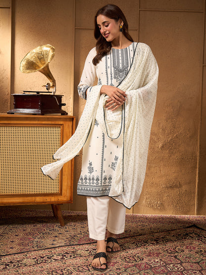 Janasya Women's White Silk Blend Floral Printed Straight Kurta Set
