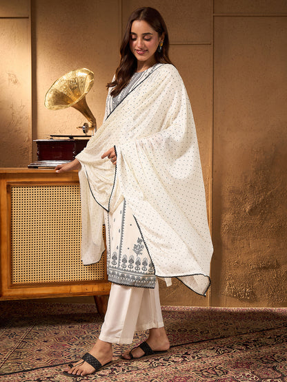 Janasya Women's White Silk Blend Floral Printed Straight Kurta Set