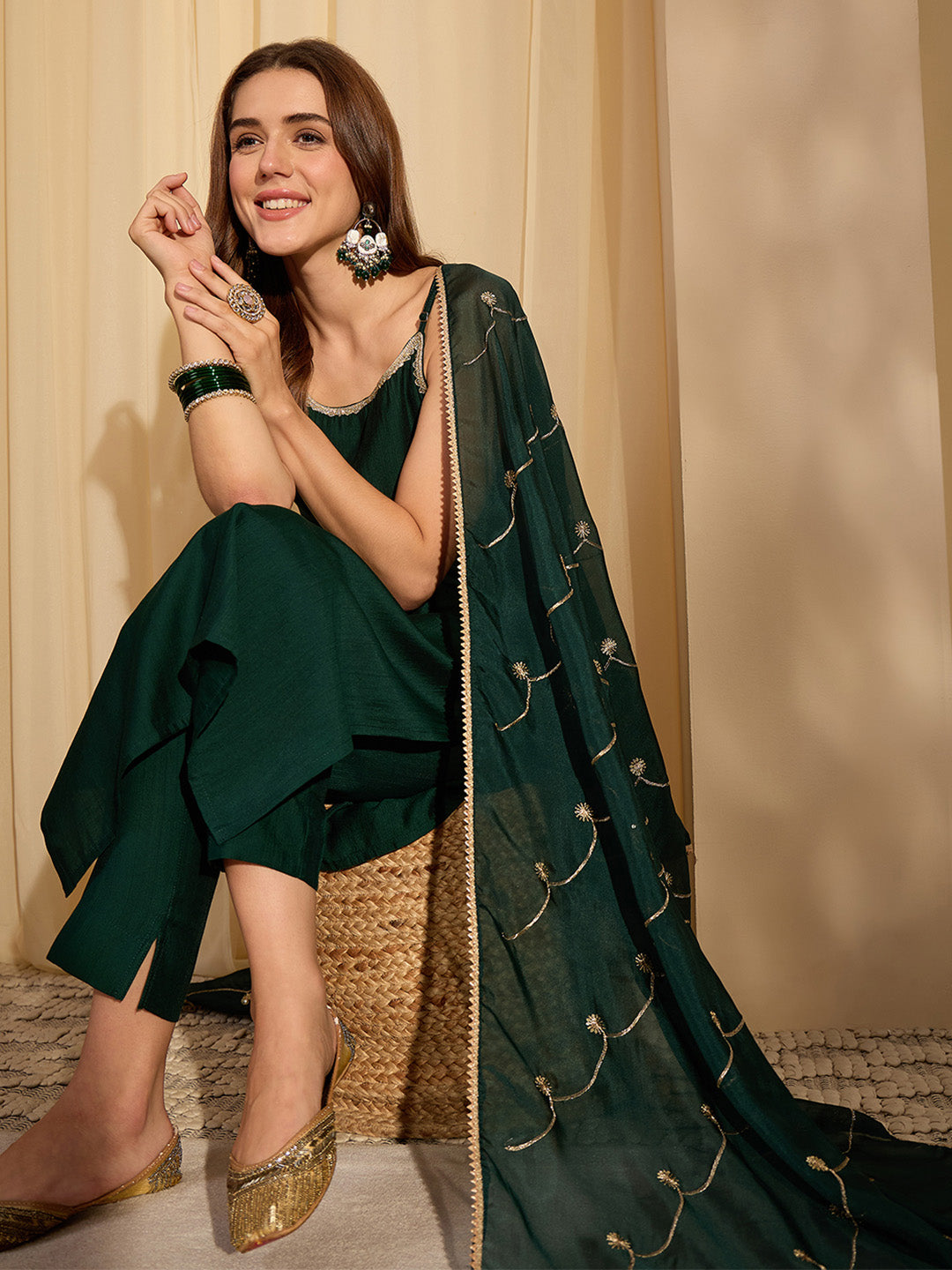 Janasya Women's Bottle Green Silk Blend Embellished Straight Kurta Set with Embroidered Dupatta