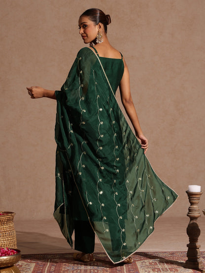 Janasya Women's Bottle Green Silk Blend Embellished Straight Kurta Set