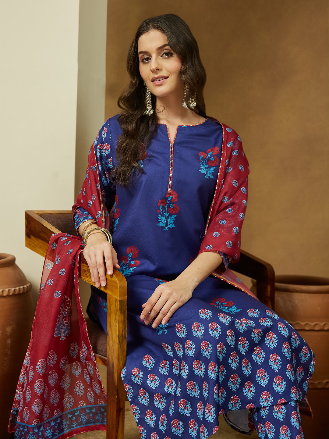 Janasya Women's Purple Cotton Blend Printed Straight Kurta Set