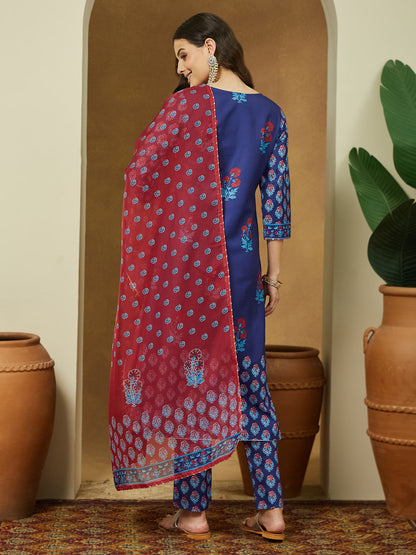 Janasya Women's Purple Cotton Blend Printed Straight Kurta Set