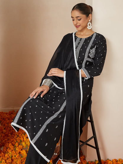 Janasya Women's Black Silk Blend Ethnic Printed Straight Kurta Set