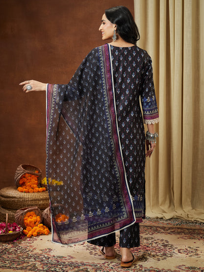 Janasya Women's Black Cotton Blend Printed Straight Kurta Set