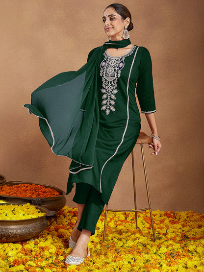 Janasya Women's Bottle Green Silk Blend Embroidered Straight Kurta Set