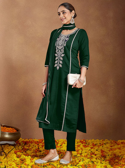 Janasya Women's Bottle Green Silk Blend Embroidered Straight Kurta Set