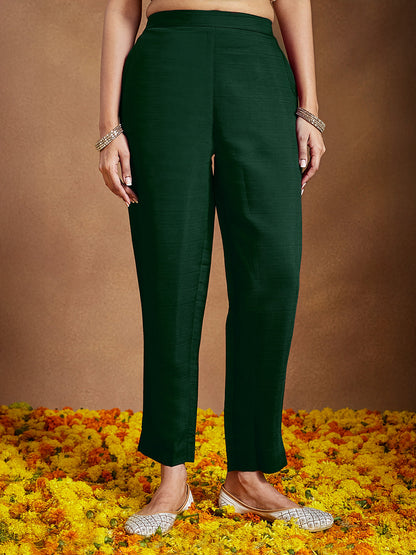 Janasya Women's Bottle Green Silk Blend Embroidered Straight Kurta Set