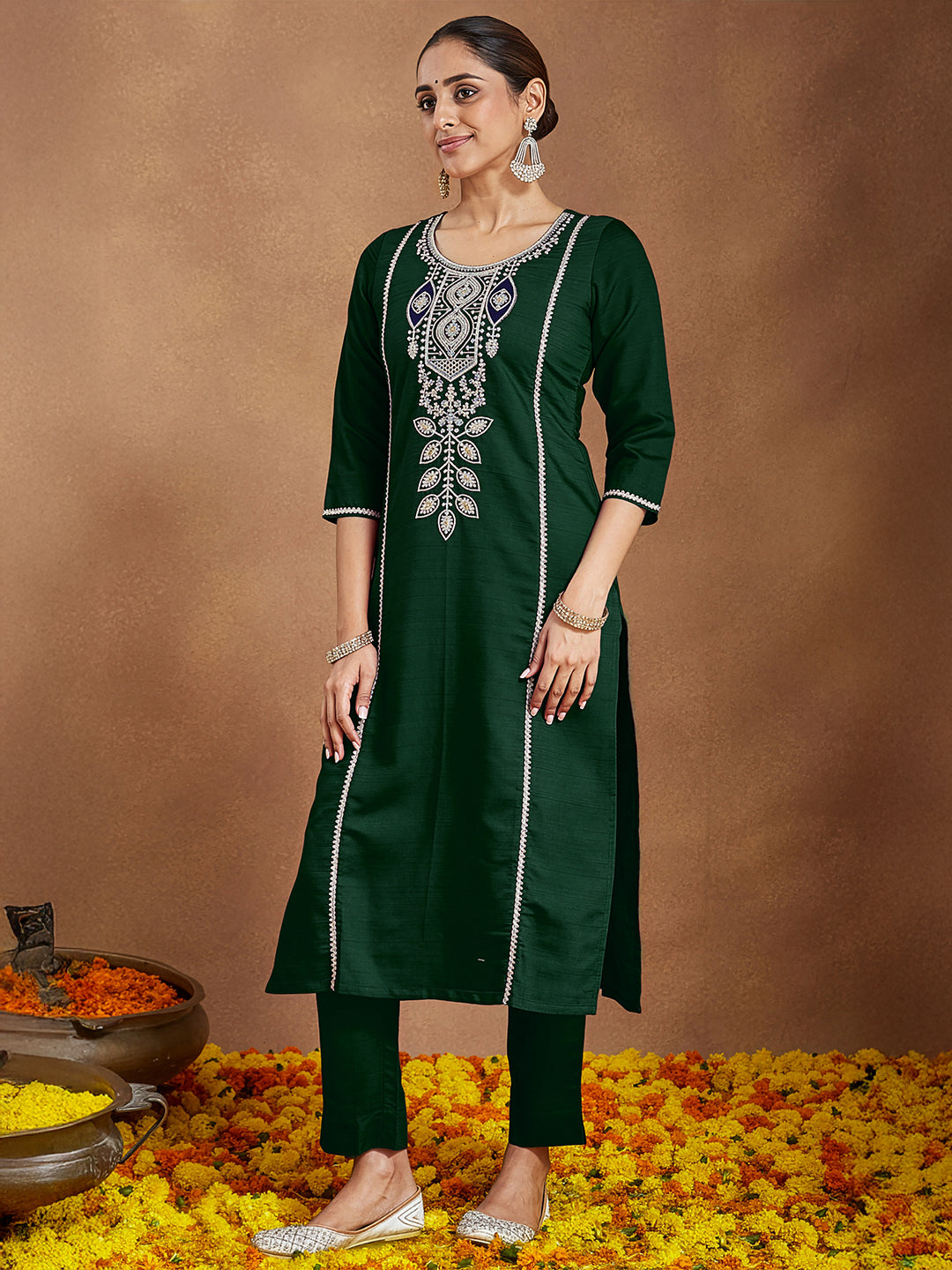 Janasya Women's Bottle Green Silk Blend Embroidered Straight Kurta Set