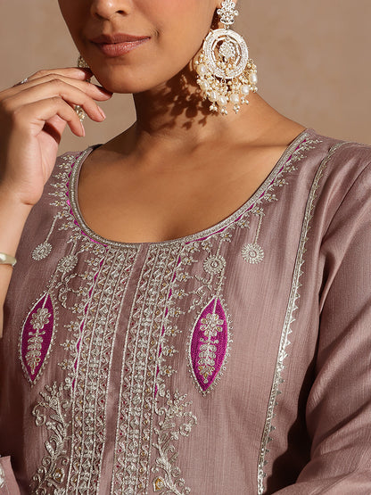 Janasya Women's Brown Silk Blend Embroidered Straight Kurta Set