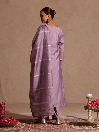 Janasya Women's Lavender Silk Blend Embellished Straight Kurta Set