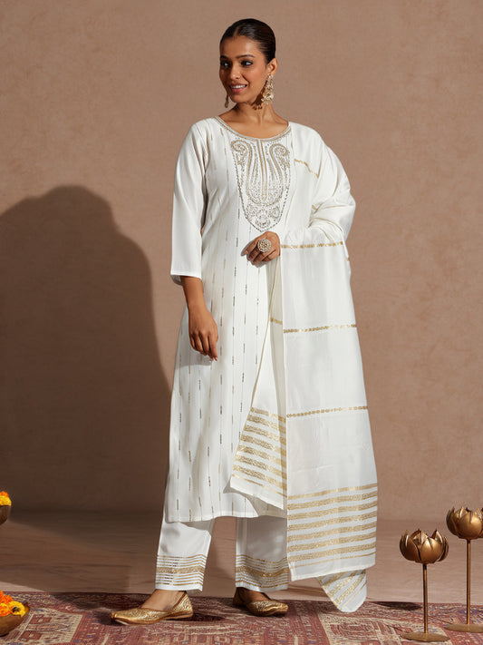 Janasya Women's Off White Silk Blend Embellished Zari Embroidered Straight Kurta Set