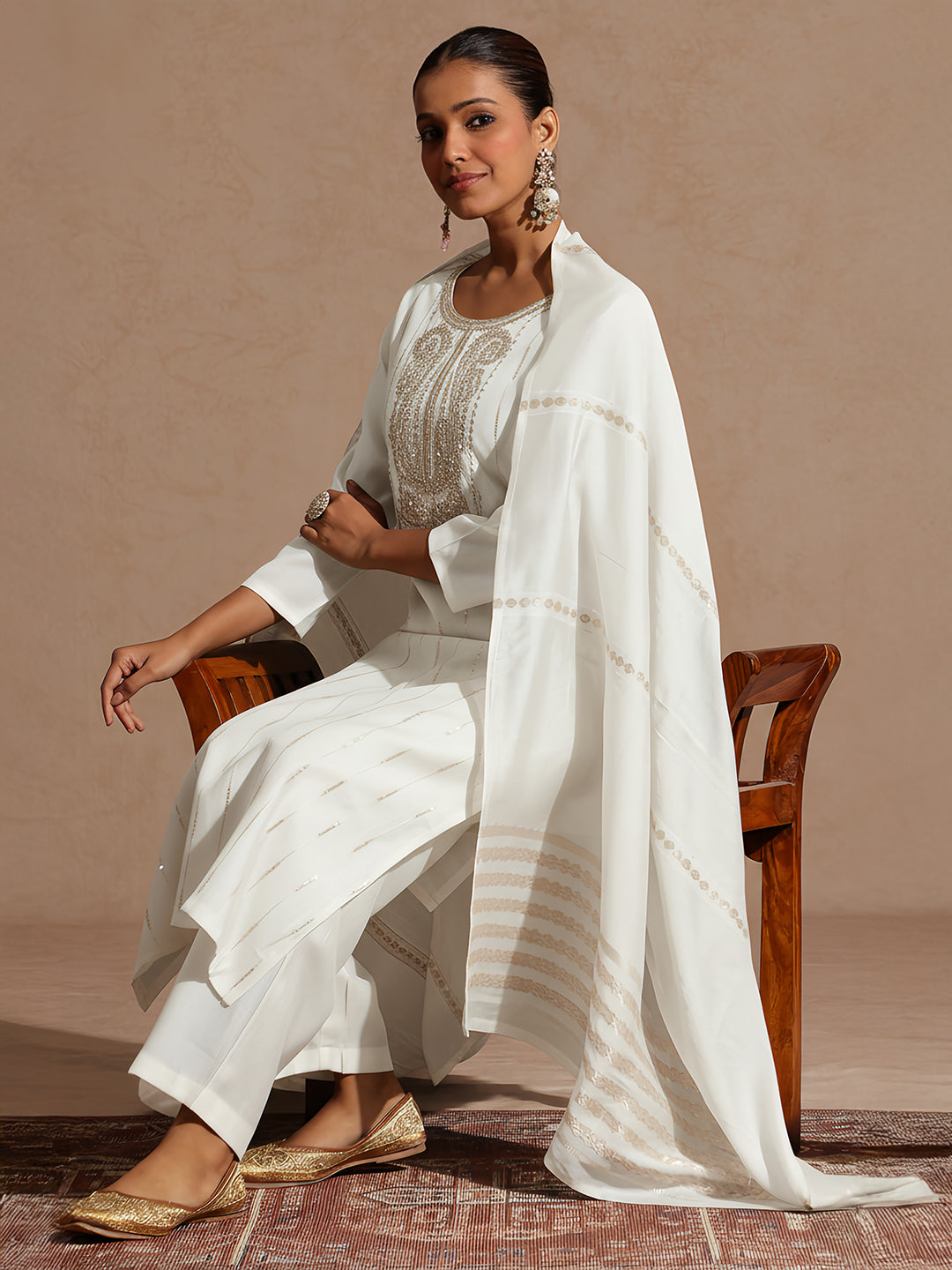 Janasya Women's Off White Silk Blend Embellished Zari Embroidered Straight Kurta Set