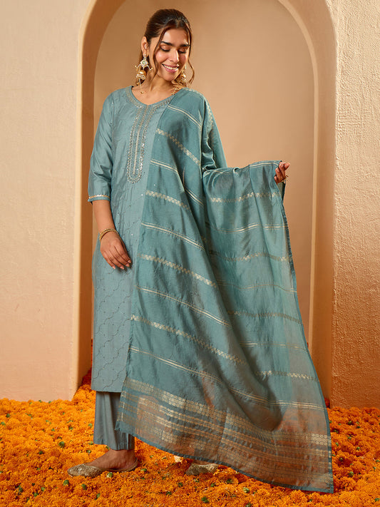 Janasya Women's Powder Blue Silk Blend Embellished Straight Kurta Set