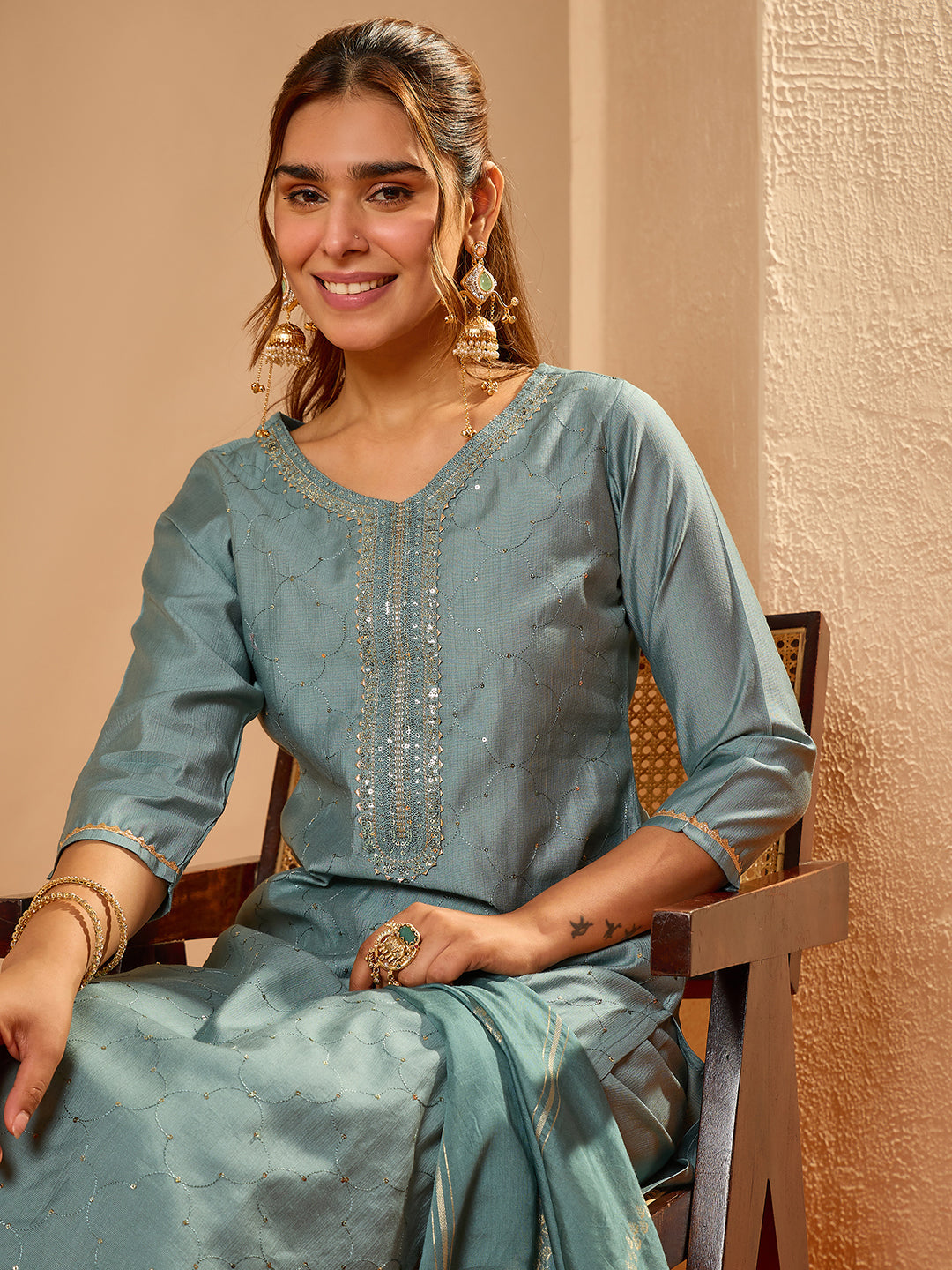 Janasya Women's Powder Blue Silk Blend Embellished Straight Kurta Set