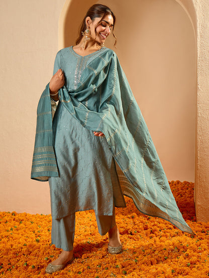 Janasya Women's Powder Blue Silk Blend Embellished Straight Kurta Set