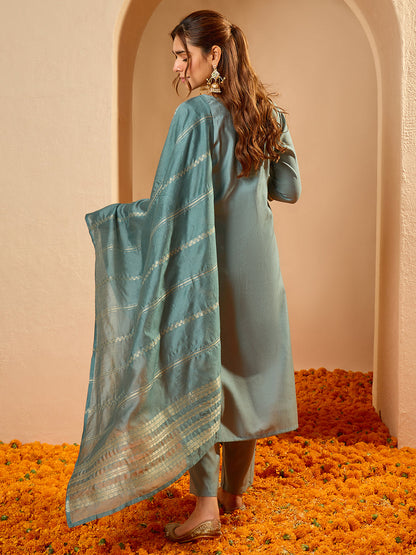 Janasya Women's Powder Blue Silk Blend Embellished Straight Kurta Set