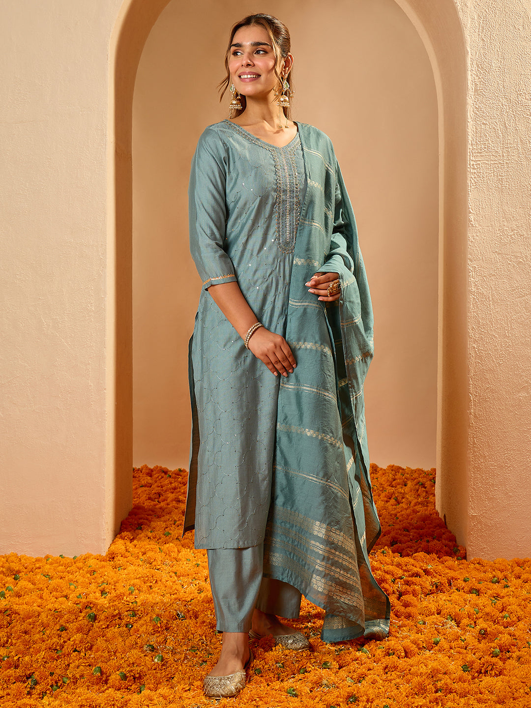 Janasya Women's Powder Blue Silk Blend Embellished Straight Kurta Set
