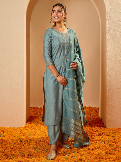 Janasya Women's Powder Blue Silk Blend Embellished Straight Kurta Set
