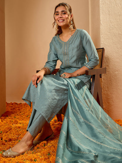Janasya Women's Powder Blue Silk Blend Embellished Straight Kurta Set